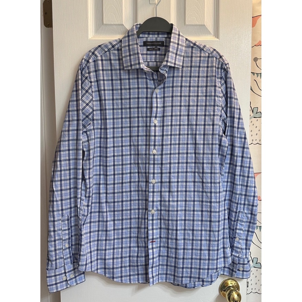 Tommy Hilfiger Mens Slim Fit Stretch Plaid Button Down Shirt Blue White L 16